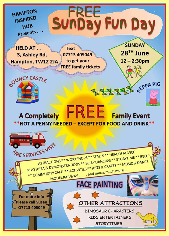 Family Fun Day poster at Hampton Inspired Hub showing free family activities, entertainment, games, workshops, and community attractions in Hampton