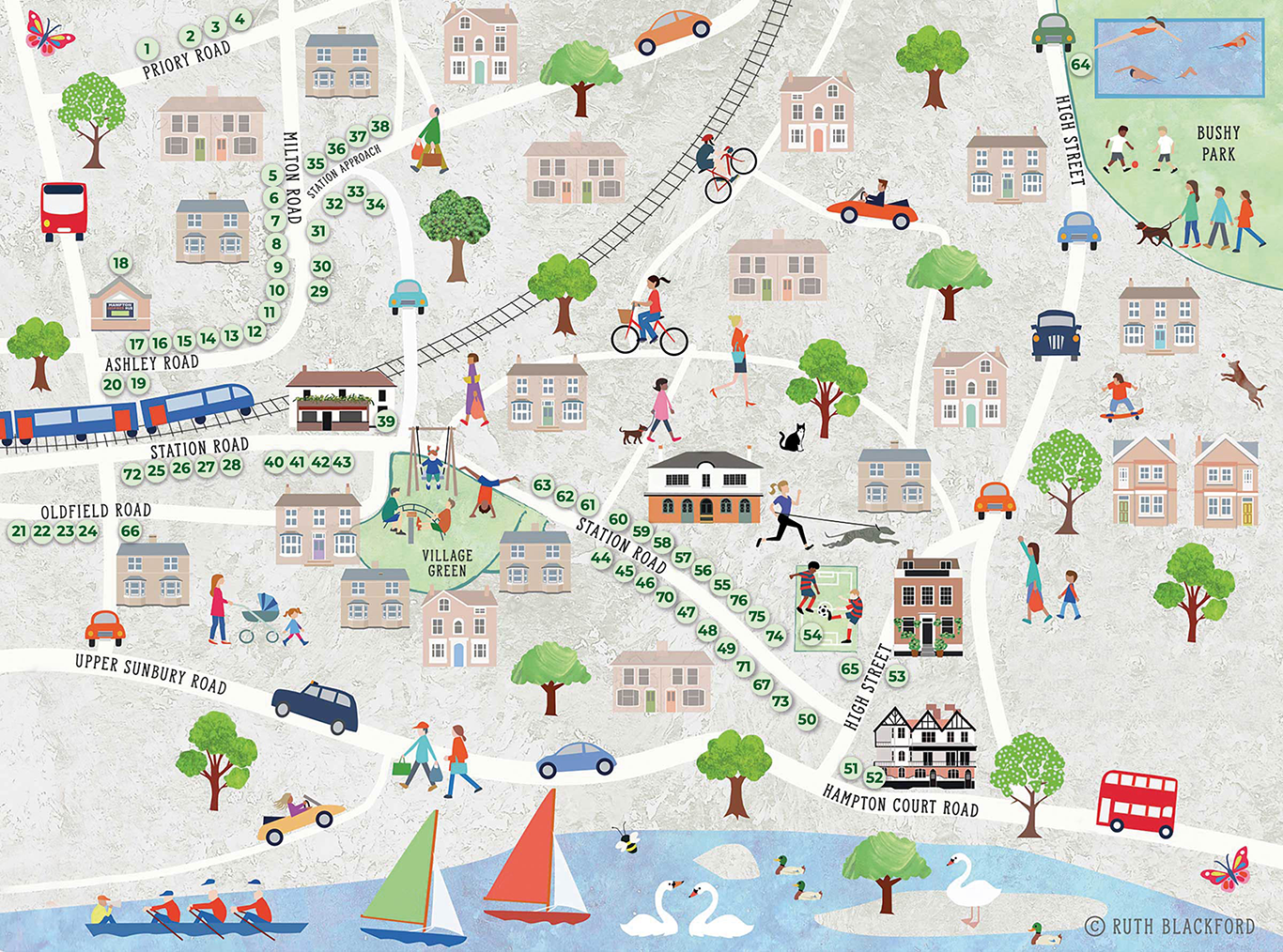 alt="Illustrated map of Hampton Village showing local businesses, shops, community spaces, and local landmarks"