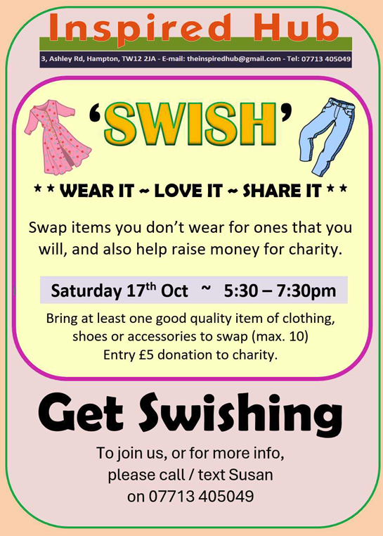 Swish community clothes swap event poster at Hampton Inspired Hub